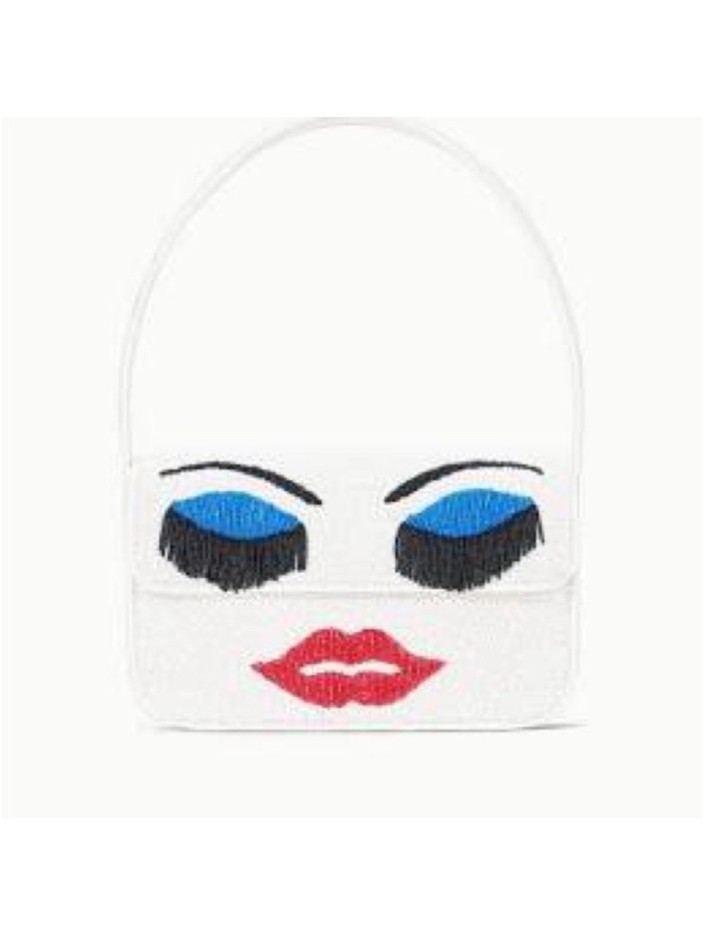 STAUD White Beaded Shoulder Bag with Blue Eyelash Detail and Red Lip Motif